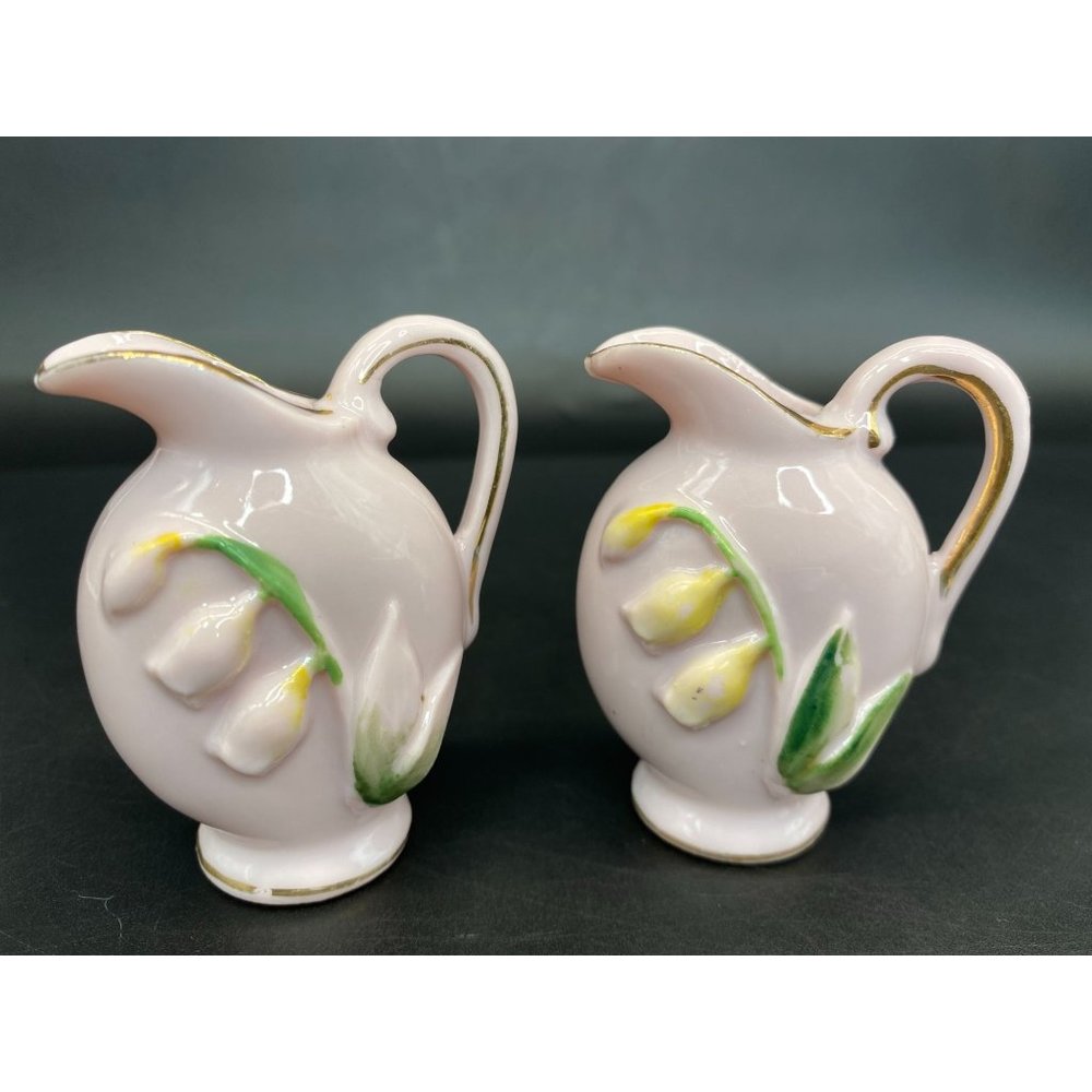 Miniature VTG Water Pitcher Pair Vases Yellow Flowers Pink Porcelain 2 1/4" H Ja